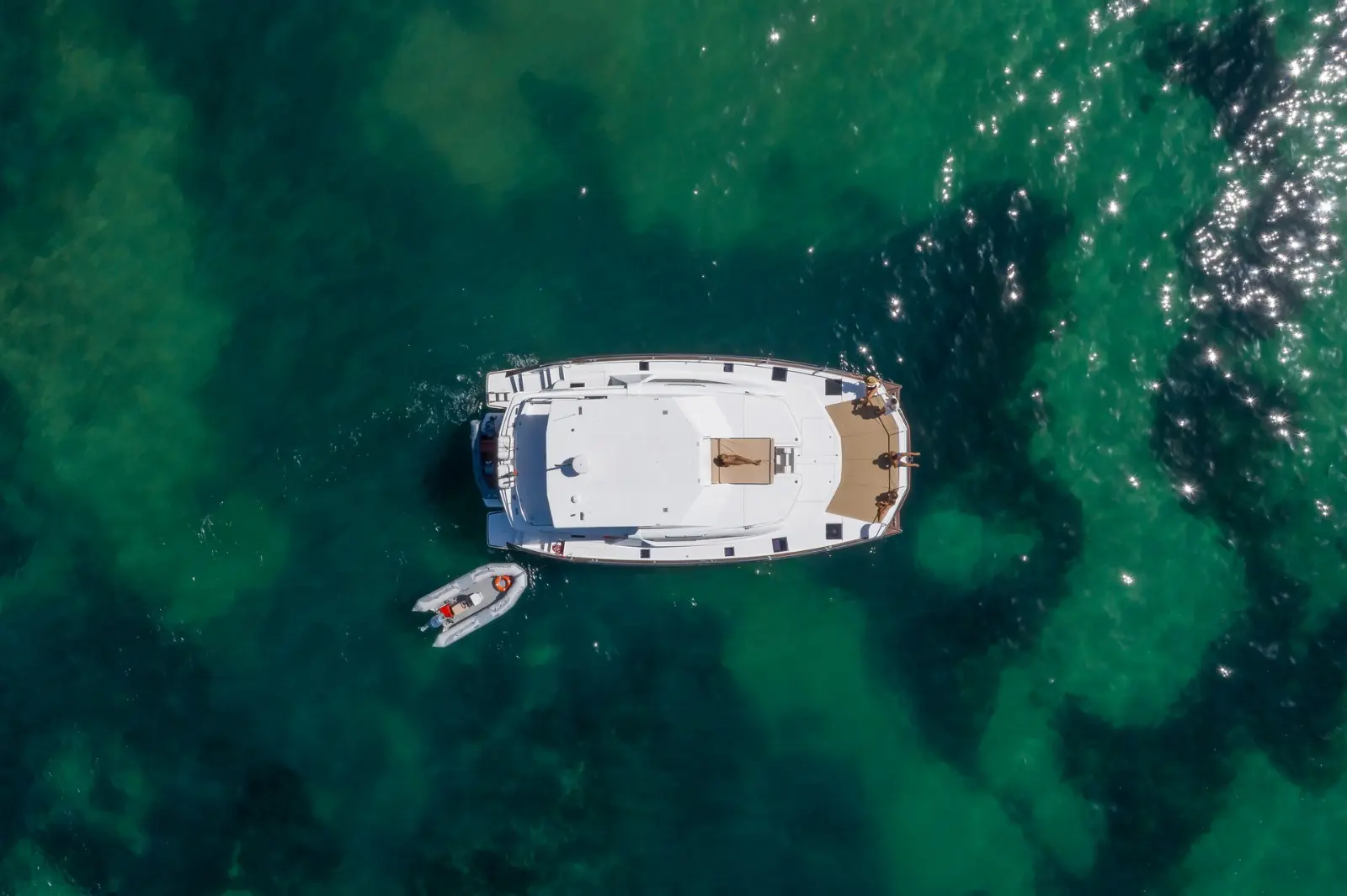 Aerial view of a private catamaran in the Algarve