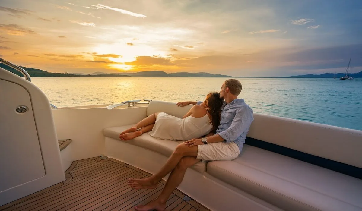 Couple watching the sunset from a private yacht